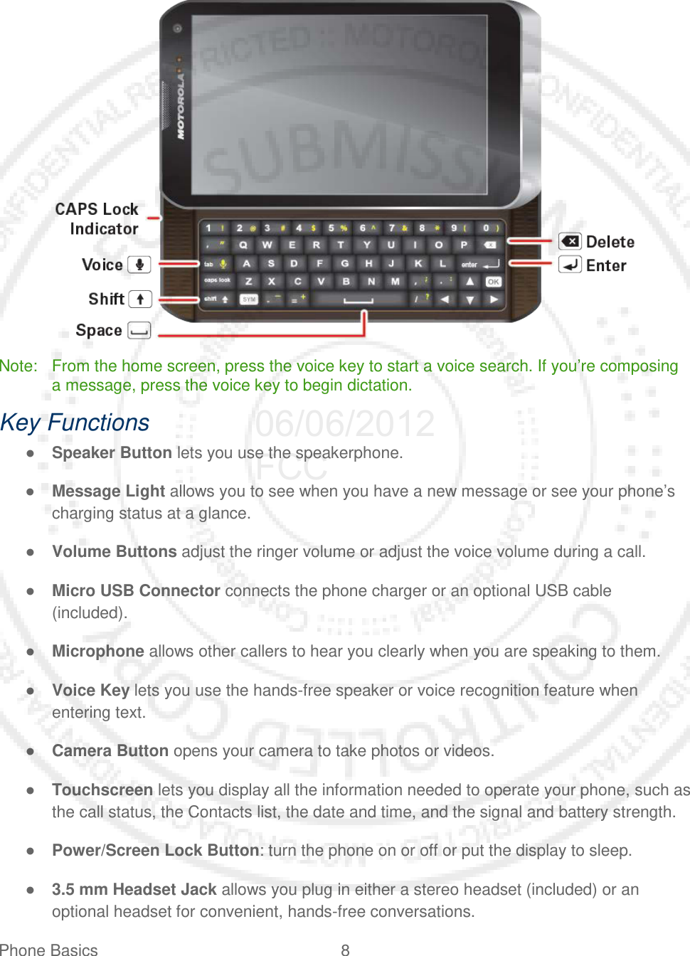 Phone Basics  8       Note: From the home screen, press the voice key to start a voice search. If you’re composing a message, press the voice key to begin dictation. Key Functions ● Speaker Button lets you use the speakerphone. ● Message Light allows you to see when you have a new message or see your phone’s charging status at a glance. ● Volume Buttons adjust the ringer volume or adjust the voice volume during a call. ● Micro USB Connector connects the phone charger or an optional USB cable (included). ● Microphone allows other callers to hear you clearly when you are speaking to them. ● Voice Key lets you use the hands-free speaker or voice recognition feature when entering text. ● Camera Button opens your camera to take photos or videos. ● Touchscreen lets you display all the information needed to operate your phone, such as the call status, the Contacts list, the date and time, and the signal and battery strength. ● Power/Screen Lock Button: turn the phone on or off or put the display to sleep. ● 3.5 mm Headset Jack allows you plug in either a stereo headset (included) or an optional headset for convenient, hands-free conversations.  06/06/2012 FCC