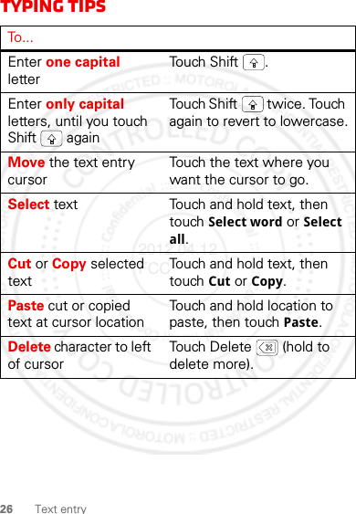 26 Text entryTyping tipsTo . . .Enter one capital letterTou ch  Sh i ft .Enter only capital letters, until you touch Shift  againTouch Shift  twice. Touch again to revert to lowercase.Move the text entry cursorTouch the text where you want the cursor to go.Select text Touch and hold text, then touch Select word or Select all.Cut or Copy selected textTouch and hold text, then touch Cut or Copy.Paste cut or copied text at cursor locationTouch and hold location to paste, then touch Paste.Delete character to left of cursorTouch Delete  (hold to delete more).2012.04.12 FCC