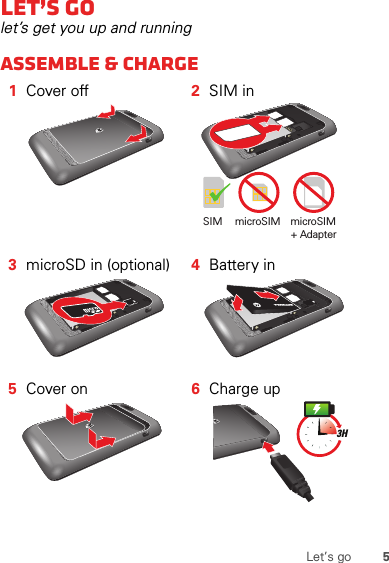 5Let’s goLet’s golet’s get you up and runningAssemble &amp; charge  1Cover off 2SIM in3microSD in (optional) 4Battery in5Cover on 6Charge upSIM microSIM microSIM+ Adapter 3H