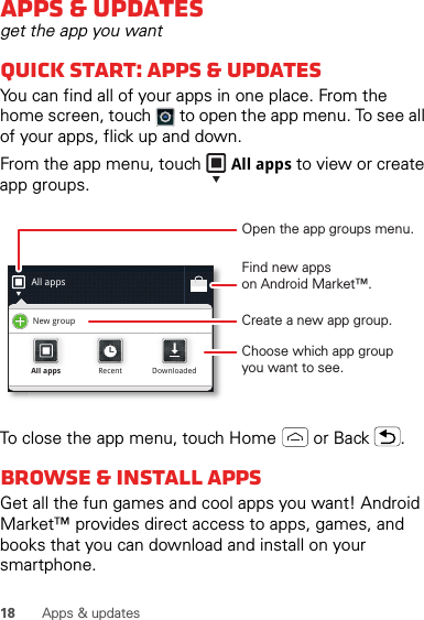 18 Apps &amp; updatesApps &amp; updatesget the app you wantQuick start: Apps &amp; updatesYou can find all of your apps in one place. From the home screen, touch  to open the app menu. To see all of your apps, flick up and down.From the app menu, touch All apps to view or create app groups.To close the app menu, touch Home  or Back .Browse &amp; install appsGet all the fun games and cool apps you want! Android Market™ provides direct access to apps, games, and books that you can download and install on your smartphone. All appsNew groupAll appsAll appsRecentRecentDownloadedDownloadedOpen the app groups menu.Choose which app groupyou want to see.Create a new app group.Find new appson Android Market™.