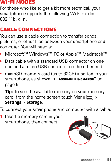 51connectionsWi-Fi modesFor those who like to get a bit more technical, your smartphone supports the following Wi-Fi modes: 802.11b, g, n.Cable connectionsYou can use a cable connection to transfer songs, pictures, or other files between your smartphone and computer. You will need a:•Microsoft™ Windows™ PC or Apple™ Macintosh™.•Data cable with a standard USB connector on one end and a micro USB connector on the other end.•microSD memory card (up to 32GB) inserted in your smartphone, as shown in “Assemble &amp; charge” on page 5.Tip: To see the available memory on your memory card, from the home screen touch Menu  &gt; Settings &gt; Storage.To connect your smartphone and computer with a cable:  1Insert a memory card in your smartphone, then connect 