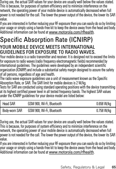 65Safety, Regulatory &amp; LegalDuring use, the actual SAR values for your device are usually well below the values stated. This is because, for purposes of system efficiency and to minimize interference on the network, the operating power of your mobile device is automatically decreased when full power is not needed for the call. The lower the power output of the device, the lower its SAR value.If you are interested in further reducing your RF exposure then you can easily do so by limiting your usage or simply using a hands-free kit to keep the device away from the head and body.Additional information can be found at www.motorola.com/rfhealth.Specific Absorption Rate (ICNIRP)SAR (ICNIRP)YOUR MOBILE DEVICE MEETS INTERNATIONAL GUIDELINES FOR EXPOSURE TO RADIO WAVES.Your mobile device is a radio transmitter and receiver. It is designed not to exceed the limits for exposure to radio waves (radio frequency electromagnetic fields) recommended by international guidelines. The guidelines were developed by an independent scientific organization (ICNIRP) and include a substantial safety margin designed to assure the safety of all persons, regardless of age and health.The radio wave exposure guidelines use a unit of measurement known as the Specific Absorption Rate, or SAR. The SAR limit for mobile devices is 2 W/kg.Tests for SAR are conducted using standard operating positions with the device transmitting at its highest certified power level in all tested frequency bands. The highest SAR values under the ICNIRP guidelines for your device model are listed below:During use, the actual SAR values for your device are usually well below the values stated. This is because, for purposes of system efficiency and to minimize interference on the network, the operating power of your mobile device is automatically decreased when full power is not needed for the call. The lower the power output of the device, the lower its SAR value.If you are interested in further reducing your RF exposure then you can easily do so by limiting your usage or simply using a hands-free kit to keep the device away from the head and body.Additional information can be found at www.motorola.com/rfhealth.Head SAR GSM 900, Wi-Fi, Bluetooth 0.658 W/kgBody-worn SAR GSM 900, Wi-Fi, Bluetooth 0.758 W/kg