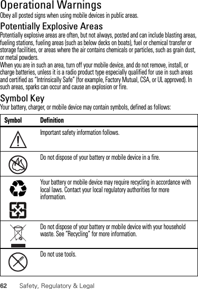 62 Safety, Regulatory &amp; LegalOperational WarningsObey all posted signs when using mobile devices in public areas.Potentially Explosive AreasPotentially explosive areas are often, but not always, posted and can include blasting areas, fueling stations, fueling areas (such as below decks on boats), fuel or chemical transfer or storage facilities, or areas where the air contains chemicals or particles, such as grain dust, or metal powders.When you are in such an area, turn off your mobile device, and do not remove, install, or charge batteries, unless it is a radio product type especially qualified for use in such areas and certified as “Intrinsically Safe” (for example, Factory Mutual, CSA, or UL approved). In such areas, sparks can occur and cause an explosion or fire.Symbol KeyYour battery, charger, or mobile device may contain symbols, defined as follows:Symbol DefinitionImportant safety information follows.Do not dispose of your battery or mobile device in a fire.Your battery or mobile device may require recycling in accordance with local laws. Contact your local regulatory authorities for more information.Do not dispose of your battery or mobile device with your household waste. See “Recycling” for more information.Do not use tools.032374o032376o032375o