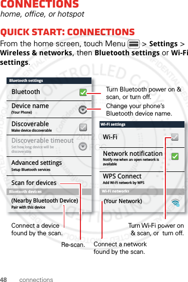 48 connectionsconnectionshome, office, or hotspotQuick start: connectionsFrom the home screen, touch Menu  &gt; Settings &gt; Wireless &amp; networks, then Bluetooth settings or Wi-Fi settings.Wi-Fi settingsWi-FiNetwork notificationNotify me when an open network is availableWPS ConnectAdd Wi-Fi network by WPSBluetooth settingsBluetoothDevice name(Your Phone)DiscoverableMake device discoverableDiscoverable timeoutSet how long device will be discoverableAdvanced settingsSetup Bluetooth servicesScan for devicesBluetooth devicesPair with this device(Nearby Bluetooth Device) (Your Network)Wi-Fi networksTurn Bluetooth power on &amp; scan, or turn off.Change your phone’s Bluetooth device name.Turn Wi-Fi power on &amp; scan, or  turn off.Re-scan.Connect a device found by the scan.Connect a network found by the scan.2012.04.27 FCC