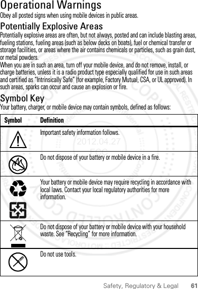 61Safety, Regulatory &amp; LegalOperational WarningsObey all posted signs when using mobile devices in public areas.Potentially Explosive AreasPotentially explosive areas are often, but not always, posted and can include blasting areas, fueling stations, fueling areas (such as below decks on boats), fuel or chemical transfer or storage facilities, or areas where the air contains chemicals or particles, such as grain dust, or metal powders.When you are in such an area, turn off your mobile device, and do not remove, install, or charge batteries, unless it is a radio product type especially qualified for use in such areas and certified as “Intrinsically Safe” (for example, Factory Mutual, CSA, or UL approved). In such areas, sparks can occur and cause an explosion or fire.Symbol KeyYour battery, charger, or mobile device may contain symbols, defined as follows:Symbol DefinitionImportant safety information follows.Do not dispose of your battery or mobile device in a fire.Your battery or mobile device may require recycling in accordance with local laws. Contact your local regulatory authorities for more information.Do not dispose of your battery or mobile device with your household waste. See “Recycling” for more information.Do not use tools.032374o032376o032375o2012.04.27 FCC