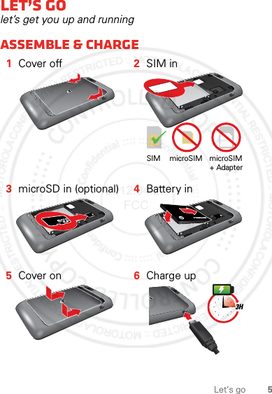 5Let’s goLet’s golet’s get you up and runningAssemble &amp; charge  1Cover off 2SIM in3microSD in (optional) 4Battery in5Cover on 6Charge upSIM microSIM microSIM+ Adapter 3H2012.04.27 FCC