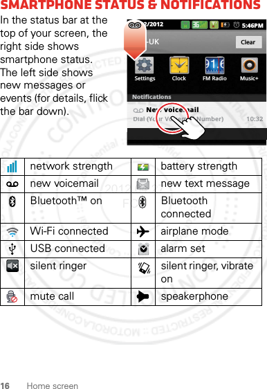 16 Home screensmartphone status &amp; notificationsIn the status bar at the top of your screen, the right side shows smartphone status. The left side shows new messages or events (for details, flick the bar down).network strength battery strengthnew voicemail new text messageBluetooth™ on Bluetooth connectedWi-Fi connected airplane modeUSB connected alarm setsilent ringer silent ringer, vibrate onmute call speakerphone10/02/2012 5:46PMSettings Clock FM Radio Music+02-UK ClearNotificationsNew voicemailDial (Your Voicemail Number) 10:322012.04.27 FCC