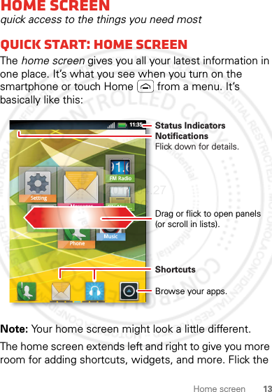 13Home screenHome screenquick access to the things you need mostQuick start: Home screenThe home screen gives you all your latest information in one place. It’s what you see when you turn on the smartphone or touch Home  from a menu. It’s basically like this:Note: Your home screen might look a little different.The home screen extends left and right to give you more room for adding shortcuts, widgets, and more. Flick the 11:35FM RadioMessagesPhoneAlbumSettingFile Man...MusicNotificationsFlick down for details.Status IndicatorsShortcuts Browse your apps.Drag or flick to open panels (or scroll in lists).2012.04.27 FCC