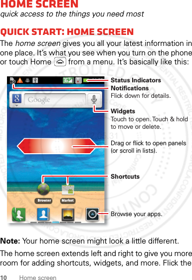 10 Home screenHome screenquick access to the things you need mostQuick start: Home screenThe home screen gives you all your latest information in one place. It’s what you see when you turn on the phone or touch Home  from a menu. It’s basically like this:Note: Your home screen might look a little different.The home screen extends left and right to give you more room for adding shortcuts, widgets, and more. Flick the Browser MarketNotificationsFlick down for details.Status IndicatorsShortcuts Browse your apps.WidgetsTouch to open. Touch &amp; hold to move or delete.Drag or flick to open panels (or scroll in lists).2012.05.31 FCC