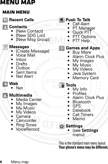 4Menu mapMenu mapmain menuRecent CallsContacts• [New Contact]• [New SDG List]• [New Msg Group]Messages• [Create Message]•Voice Mail•Inbox•Drafts•Outbox•Sent Items• Net AlertWeb•NetMultimedia• Media Center• My Images•My Music• My Videos•Camera• Camcorder• Ring Tones•VoiceRecordPush To Talk• Call Alert• PT Manager•Quick PTT• PTT Options•PTT HelpGames and Apps•Buy More•Alarm Clock Plus• My Images•My Music• My Videos• Java System• Memory CardTo o l s•My Info• Profiles•Alarm Clock Plus• Bluetooth•GPS• Datebook• Call Timers•MemoSettings• (see Settings menu)This is the standard main menu layout. Your phone’s menu may be different.WWW.07/20/2012 FCC