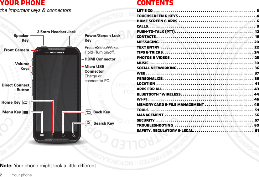 2Your phoneYour phonethe important keys &amp; connectorsNote: Your phone might look a little different.Press=Sleep/Wake. Hold=Turn on/off.Speaker KeyHome KeyBack KeyMenu KeyMicro USB ConnectorCharge or connect to PC.Volume KeysSearch KeyDirect Connect ButtonPower/Screen LockKey3.5mm Headset JackHDMI ConnectorFront CameraContentsLet’s go  . . . . . . . . . . . . . . . . . . . . . . . . . . . . . . . . . . . . . . . . . . . . . . . . . .  3Touchscreen &amp; keys . . . . . . . . . . . . . . . . . . . . . . . . . . . . . . . . . . . . . .  4Home screen &amp; apps . . . . . . . . . . . . . . . . . . . . . . . . . . . . . . . . . . . . . .  6Calls. . . . . . . . . . . . . . . . . . . . . . . . . . . . . . . . . . . . . . . . . . . . . . . . . . . . .  9Push-to-talk (PTT). . . . . . . . . . . . . . . . . . . . . . . . . . . . . . . . . . . . . . .  12Contacts . . . . . . . . . . . . . . . . . . . . . . . . . . . . . . . . . . . . . . . . . . . . . . . .  16Messaging. . . . . . . . . . . . . . . . . . . . . . . . . . . . . . . . . . . . . . . . . . . . . . . 20Text entry . . . . . . . . . . . . . . . . . . . . . . . . . . . . . . . . . . . . . . . . . . . . . .  22Tips &amp; tricks. . . . . . . . . . . . . . . . . . . . . . . . . . . . . . . . . . . . . . . . . . . . . 24Photos &amp; videos . . . . . . . . . . . . . . . . . . . . . . . . . . . . . . . . . . . . . . . . .  25Music  . . . . . . . . . . . . . . . . . . . . . . . . . . . . . . . . . . . . . . . . . . . . . . . . . . .  30Social networking. . . . . . . . . . . . . . . . . . . . . . . . . . . . . . . . . . . . . .  36Web . . . . . . . . . . . . . . . . . . . . . . . . . . . . . . . . . . . . . . . . . . . . . . . . . . . . .  37Personalize. . . . . . . . . . . . . . . . . . . . . . . . . . . . . . . . . . . . . . . . . . . . .  39Location . . . . . . . . . . . . . . . . . . . . . . . . . . . . . . . . . . . . . . . . . . . . . . . .  41Apps for all. . . . . . . . . . . . . . . . . . . . . . . . . . . . . . . . . . . . . . . . . . . . . 43Bluetooth™ wireless. . . . . . . . . . . . . . . . . . . . . . . . . . . . . . . . . . . . 44Wi-Fi  . . . . . . . . . . . . . . . . . . . . . . . . . . . . . . . . . . . . . . . . . . . . . . . . . . . . 46Memory card &amp; file management . . . . . . . . . . . . . . . . . . . . . . . . 48Tools  . . . . . . . . . . . . . . . . . . . . . . . . . . . . . . . . . . . . . . . . . . . . . . . . . . .  51Management . . . . . . . . . . . . . . . . . . . . . . . . . . . . . . . . . . . . . . . . . . . .  56Security  . . . . . . . . . . . . . . . . . . . . . . . . . . . . . . . . . . . . . . . . . . . . . . . .  57Troubleshooting  . . . . . . . . . . . . . . . . . . . . . . . . . . . . . . . . . . . . . . . 60Safety, Regulatory &amp; Legal. . . . . . . . . . . . . . . . . . . . . . . . . . . . . .  6105/21/2012 FCC