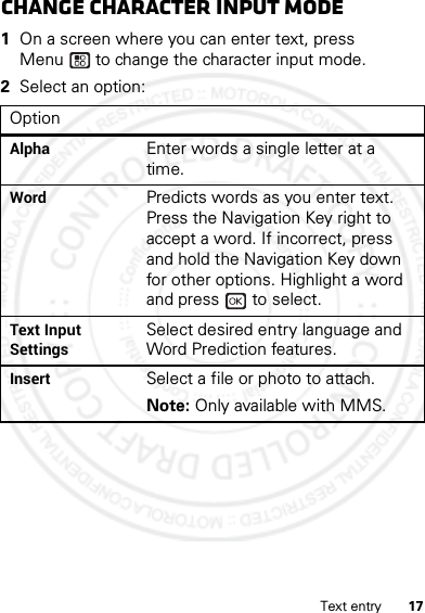 17Text entryChange character input mode  1On a screen where you can enter text, press Menu  to change the character input mode.2Select an option:OptionAlphaEnter words a single letter at a time. WordPredicts words as you enter text. Press the Navigation Key right to accept a word. If incorrect, press and hold the Navigation Key down for other options. Highlight a word and press   to select.Text Input SettingsSelect desired entry language and Word Prediction features.InsertSelect a file or photo to attach. Note: Only available with MMS.