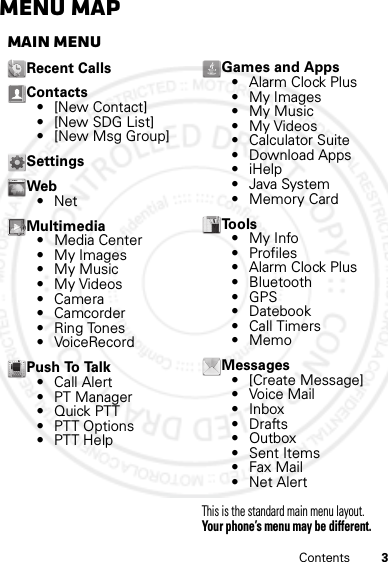 3ContentsMenu mapmain menuRecent CallsContacts• [New Contact]• [New SDG List]• [New Msg Group]SettingsWeb•NetMultimedia• Media Center• My Images• My Music• My Videos•Camera•Camcorder•Ring Tones• VoiceRecordP u s h  To  Ta l k•Call Alert• PT Manager•Quick PTT•PTT Options•PTT HelpGames and Apps•Alarm Clock Plus• My Images• My Music• My Videos• Calculator Suite• Download Apps•iHelp• Java System•Memory CardTools•My Info• Profiles•Alarm Clock Plus•Bluetooth•GPS• Datebook• Call Timers•MemoMessages• [Create Message]•Voice Mail•Inbox•Drafts• Outbox• Sent Items•Fax Mail•Net AlertThis is the standard main menu layout. Your phone’s menu may be different.WWW.