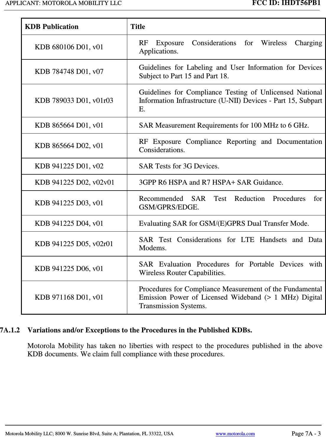 APPLICANT: MOTOROLA MOBILITY LLC FCC ID: IHDT56PB1   Motorola Mobility LLC; 8000 W. Sunrise Blvd, Suite A; Plantation, FL 33322, USA www.motorola.com Page 7A - 3  KDB Publication Title KDB 680106 D01, v01 RF Exposure Considerations for Wireless Charging Applications. KDB 784748 D01, v07  Guidelines for Labeling and User Information for Devices Subject to Part 15 and Part 18. KDB 789033 D01, v01r03 Guidelines for Compliance Testing of Unlicensed National Information Infrastructure (U-NII) Devices - Part 15, Subpart E. KDB 865664 D01, v01  SAR Measurement Requirements for 100 MHz to 6 GHz. KDB 865664 D02, v01 RF Exposure Compliance Reporting and Documentation Considerations. KDB 941225 D01, v02  SAR Tests for 3G Devices. KDB 941225 D02, v02v01  3GPP R6 HSPA and R7 HSPA+ SAR Guidance. KDB 941225 D03, v01 Recommended SAR Test Reduction Procedures for GSM/GPRS/EDGE. KDB 941225 D04, v01  Evaluating SAR for GSM/(E)GPRS Dual Transfer Mode. KDB 941225 D05, v02r01 SAR Test Considerations for LTE Handsets and Data Modems. KDB 941225 D06, v01  SAR Evaluation Procedures for Portable Devices with Wireless Router Capabilities. KDB 971168 D01, v01  Procedures for Compliance Measurement of the Fundamental Emission Power of Licensed Wideband (&gt; 1 MHz) Digital Transmission Systems. 7A.1.2  Variations and/or Exceptions to the Procedures in the Published KDBs.  Motorola Mobility has taken no liberties with respect to the procedures published in the above KDB documents. We claim full compliance with these procedures.  