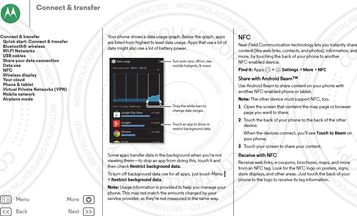 Back NextMenu MoreConnect &amp; transferYour phone shows a data usage graph. Below the graph, apps are listed from highest to least data usage. Apps that use a lot of data might also use a lot of battery power.Some apps transfer data in the background when you&apos;re not viewing them—to stop an app from doing this, touch it and then check Restrict background data.To turn off background data use for all apps, just touch Menu  &gt;Restrict background data.Note: Usage information is provided to help you manage your phone. This may not match the amounts charged by your service provider, as they’re not measured in the same way.Oct 5-12: about 148MB used.Data usage14 46MBEmail27.46MBGoogle+35.19MBGoogle Play Store16.19MBChromeOct 5 - Oct 12Data usage cycleTurn auto sync o/on, seemobile hotspots, &amp; more.Drag the white bars tochange date ranges.Touch an app to show orrestrict background data.NFCNear Field Communication technology lets you instantly share content (like web links, contacts, and photos), information, and more, by touching the back of your phone to another NFC-enabled device.Find it: Apps  &gt;Settings &gt;More &gt;NFCShare with Android Beam™Use Android Beam to share content on your phone with another NFC-enabled phone or tablet.Note: The other device must support NFC, too.  1Open the screen that contains the map page or browser page you want to share.2Touch the back of your phone to the back of the other device.When the devices connect, you’ll see Touch to Beam on your phone.3Touch your screen to share your content.Receive with NFCReceive web links, e-coupons, brochures, maps, and more from an NFC tag. Look for the NFC logo on posters, signs, store displays, and other areas. Just touch the back of your phone to the logo to receive its tag information.Connect &amp; transfer   Quick start: Connect &amp; transfer   Bluetooth® wireless   Wi-Fi Networks   USB cables   Share your data connection   Data use   NFC   Wireless display   Your cloud   Phone &amp; tablet   Virtual Private Networks (VPN)   Mobile network   Airplane mode 2014.09.08 FCC DRAFT