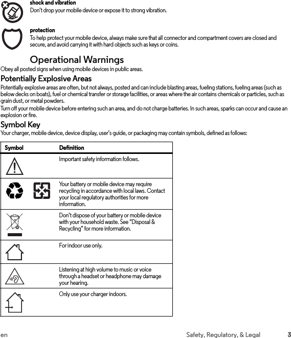 3en Safety, Regulatory, &amp; Legalshock and vibration Don’t drop your mobile device or expose it to strong vibration.protection To help protect your mobile device, always make sure that all connector and compartment covers are closed and secure, and avoid carrying it with hard objects such as keys or coins.Operational WarningsOperational Warnin gsObey all posted signs when using mobile devices in public areas.Potentially Explosive AreasPotentially explosive areas are often, but not always, posted and can include blasting areas, fueling stations, fueling areas (such as below decks on boats), fuel or chemical transfer or storage facilities, or areas where the air contains chemicals or particles, such as grain dust, or metal powders.Turn off your mobile device before entering such an area, and do not charge batteries. In such areas, sparks can occur and cause an explosion or fire.Symbol KeyYour charger, mobile device, device display, user’s guide, or packaging may contain symbols, defined as follows:Symbol DefinitionImportant safety information follows.Your battery or mobile device may require recycling in accordance with local laws. Contact your local regulatory authorities for more information.Don’t dispose of your battery or mobile device with your household waste. See “Disposal &amp; Recycling” for more information.For indoor use only.Listening at high volume to music or voice through a headset or headphone may damage your hearing.Only use your charger indoors.032374o032375o