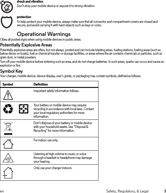 3en Safety, Regulatory, &amp; Legalshock and vibration Don’t drop your mobile device or expose it to strong vibration.protection To help protect your mobile device, always make sure that all connector and compartment covers are closed and secure, and avoid carrying it with hard objects such as keys or coins.Operational WarningsOperational Warnin gsObey all posted signs when using mobile devices in public areas.Potentially Explosive AreasPotentially explosive areas are often, but not always, posted and can include blasting areas, fueling stations, fueling areas (such as below decks on boats), fuel or chemical transfer or storage facilities, or areas where the air contains chemicals or particles, such as grain dust, or metal powders.Turn off your mobile device before entering such an area, and do not charge batteries. In such areas, sparks can occur and cause an explosion or fire.Symbol KeyYour charger, mobile device, device display, user’s guide, or packaging may contain symbols, defined as follows:Symbol DefinitionImportant safety information follows.Your battery or mobile device may require recycling in accordance with local laws. Contact your local regulatory authorities for more information.Don’t dispose of your battery or mobile device with your household waste. See “Disposal &amp; Recycling” for more information.For indoor use only.Listening at high volume to music or voice through a headset or headphone may damage your hearing.Only use your charger indoors.032374o032375o