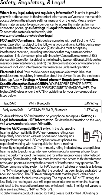 Safety, Regulatory, &amp; LegalWhere is my legal, safety and regulatory information?  In order to provide you with better access to this important information, we’ve made the materials accessible from the phone’s settings menu and on the web. Please review these materials prior to using your device. To access the materials from a connected phone, go to Settings &gt; Legal information, and select a topic. To access the materials on the web, visit www.motorola.com/device-legal.FCC and IC Compliance.  This device complies with part 15 of the FCC rules. Operation is subject to the following two conditions: (1) this device may not cause harmful interference, and (2) this device must accept any interference received, including interference that may cause undesired operation.  This device complies with Industry Canada license-exempt RSS standard(s). Operation is subject to the following two conditions: (1) this device may not cause interference, and (2) this device must accept any interference received, including interference that may cause undesired operation. Electronic Label. Your mobile device may use an electronic label that provides some regulatory information about the device. To see the electronic label, tap Apps &gt;Settings &gt;About phone &gt;Regulatory information.Specific Absorption Rate (ICNIRP). YOUR MOBILE DEVICE MEETS INTERNATIONAL GUIDELINES FOR EXPOSURE TO RADIO WAVES. The highest SAR values under the ICNIRP guidelines for your device model are listed below:To view additional SAR information on your phone, tap Apps &gt; Settings &gt; Legal information &gt; RF information. To view the information on the web, visit www.motorola.com/rfhealth.Hearing Aid Compatibility (US only).  In the US, specific hearing aid compatibility (HAC) performance ratings can help clarify how certain wireless phones and hearing aids may perform together. HAC compliant wireless phones are capable of working with hearing aids that have a minimal immunity rating of at least 2. The immunity rating indicates how susceptible a hearing aid is to picking up interference from a digital wireless phone. It can rate the performance of the hearing aid for either microphone and/or telecoil coupling. Some hearing aids are more immune than others to this interference noise, and phones also vary in the amount of interference they generate. The US performance rating system for HAC compliant wireless phones is as follows:The “M” (microphone) indicates that the product has been tested and rated for acoustic coupling. The “T” (telecoil) represents that the product has been tested and rated for inductive coupling. The higher the “M” or “T” rating, the less likely the hearing aid user will experience interference when the hearing aid is set to the respective microphone or telecoil mode. The highest values to date are 3 and 4 (e.g., “M4” or “M3/T3”).To determine if a product is rated for HAC, please look for the HAC rating or Head SAR                      Wi-Fi, Bluetooth                                                          1.45 W/kgBody-worn SAR WCDMA B2, Wi-Fi, Bluetooth                            1.17 W/kg