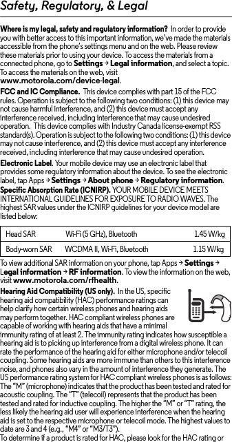 Safety, Regulatory, &amp; LegalWhere is my legal, safety and regulatory information?  In order to provide you with better access to this important information, we’ve made the materials accessible from the phone’s settings menu and on the web. Please review these materials prior to using your device. To access the materials from a connected phone, go to Settings &gt; Legal information, and select a topic. To access the materials on the web, visit www.motorola.com/device-legal.FCC and IC Compliance.  This device complies with part 15 of the FCC rules. Operation is subject to the following two conditions: (1) this device may not cause harmful interference, and (2) this device must accept any interference received, including interference that may cause undesired operation.  This device complies with Industry Canada license-exempt RSS standard(s). Operation is subject to the following two conditions: (1) this device may not cause interference, and (2) this device must accept any interference received, including interference that may cause undesired operation. Electronic Label. Your mobile device may use an electronic label that provides some regulatory information about the device. To see the electronic label, tap Apps &gt;Settings &gt;About phone &gt;Regulatory information.Specific Absorption Rate (ICNIRP). YOUR MOBILE DEVICE MEETS INTERNATIONAL GUIDELINES FOR EXPOSURE TO RADIO WAVES. The highest SAR values under the ICNIRP guidelines for your device model are listed below:To view additional SAR information on your phone, tap Apps &gt; Settings &gt; Legal information &gt; RF information. To view the information on the web, visit www.motorola.com/rfhealth.Hearing Aid Compatibility (US only).  In the US, specific hearing aid compatibility (HAC) performance ratings can help clarify how certain wireless phones and hearing aids may perform together. HAC compliant wireless phones are capable of working with hearing aids that have a minimal immunity rating of at least 2. The immunity rating indicates how susceptible a hearing aid is to picking up interference from a digital wireless phone. It can rate the performance of the hearing aid for either microphone and/or telecoil coupling. Some hearing aids are more immune than others to this interference noise, and phones also vary in the amount of interference they generate. The US performance rating system for HAC compliant wireless phones is as follows:The “M” (microphone) indicates that the product has been tested and rated for acoustic coupling. The “T” (telecoil) represents that the product has been tested and rated for inductive coupling. The higher the “M” or “T” rating, the less likely the hearing aid user will experience interference when the hearing aid is set to the respective microphone or telecoil mode. The highest values to date are 3 and 4 (e.g., “M4” or “M3/T3”).To determine if a product is rated for HAC, please look for the HAC rating or Head SAR                      Wi-Fi (5 GHz), Bluetooth                                          1.45 W/kgBody-worn SAR WCDMA II, Wi-Fi, Bluetooth                                1.15 W/kg