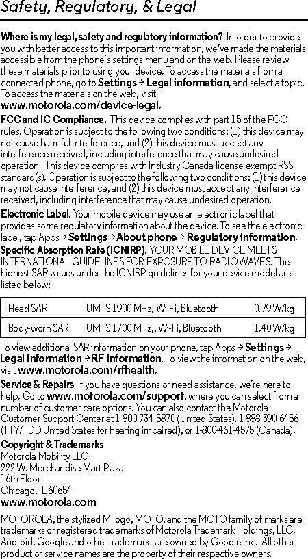Safety, Regulatory, &amp; LegalWhere is my legal, safety and regulatory information?  In order to provide you with better access to this important information, we’ve made the materials accessible from the phone’s settings menu and on the web. Please review these materials prior to using your device. To access the materials from a connected phone, go to Settings &gt; Legal information, and select a topic. To access the materials on the web, visit www.motorola.com/device-legal.FCC and IC Compliance.  This device complies with part 15 of the FCC rules. Operation is subject to the following two conditions: (1) this device may not cause harmful interference, and (2) this device must accept any interference received, including interference that may cause undesired operation.  This device complies with Industry Canada license-exempt RSS standard(s). Operation is subject to the following two conditions: (1) this device may not cause interference, and (2) this device must accept any interference received, including interference that may cause undesired operation. Electronic Label. Your mobile device may use an electronic label that provides some regulatory information about the device. To see the electronic label, tap Apps &gt;Settings &gt;About phone &gt;Regulatory information.Specific Absorption Rate (ICNIRP). YOUR MOBILE DEVICE MEETS INTERNATIONAL GUIDELINES FOR EXPOSURE TO RADIO WAVES. The highest SAR values under the ICNIRP guidelines for your device model are listed below:To view additional SAR information on your phone, tap Apps &gt; Settings &gt; Legal information &gt; RF information. To view the information on the web, visit www.motorola.com/rfhealth.Service &amp; Repairs. If you have questions or need assistance, we’re here to help. Go to www.motorola.com/support, where you can select from a number of customer care options. You can also contact the Motorola Customer Support Center at 1-800-734-5870 (United States), 1-888-390-6456 (TTY/TDD United States for hearing impaired), or 1-800-461-4575 (Canada).Copyright &amp; TrademarksMotorola Mobility LLC222 W. Merchandise Mart Plaza16th FloorChicago, IL 60654www.motorola.comMOTOROLA, the stylized M logo, MOTO, and the MOTO family of marks are trademarks or registered trademarks of Motorola Trademark Holdings, LLC. Android, Google and other trademarks are owned by Google Inc.  All other product or service names are the property of their respective owners.Head SAR UMTS 1900 MHz, Wi-Fi, Bluetooth 0.79 W/kgBody-worn SAR UMTS 1700 MHz,, Wi-Fi, Bluetooth 1.40 W/kg