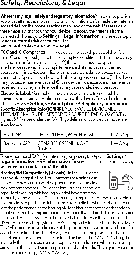 Safety, Regulatory, &amp; LegalWhere is my legal, safety and regulatory information?  In order to provide you with better access to this important information, we’ve made the materials accessible from the phone’s settings menu and on the web. Please review these materials prior to using your device. To access the materials from a connected phone, go to Settings &gt; Legal information, and select a topic. To access the materials on the web, visit www.motorola.com/device-legal.FCC and IC Compliance.  This device complies with part 15 of the FCC rules. Operation is subject to the following two conditions: (1) this device may not cause harmful interference, and (2) this device must accept any interference received, including interference that may cause undesired operation.  This device complies with Industry Canada license-exempt RSS standard(s). Operation is subject to the following two conditions: (1) this device may not cause interference, and (2) this device must accept any interference received, including interference that may cause undesired operation. Electronic Label. Your mobile device may use an electronic label that provides some regulatory information about the device. To see the electronic label, tap Apps &gt;Settings &gt;About phone &gt;Regulatory information.Specific Absorption Rate (ICNIRP). YOUR MOBILE DEVICE MEETS INTERNATIONAL GUIDELINES FOR EXPOSURE TO RADIO WAVES. The highest SAR values under the ICNIRP guidelines for your device model are listed below:To view additional SAR information on your phone, tap Apps &gt; Settings &gt; Legal information &gt; RF information. To view the information on the web, visit www.motorola.com/rfhealth.Hearing Aid Compatibility (US only).  In the US, specific hearing aid compatibility (HAC) performance ratings can help clarify how certain wireless phones and hearing aids may perform together. HAC compliant wireless phones are capable of working with hearing aids that have a minimal immunity rating of at least 2. The immunity rating indicates how susceptible a hearing aid is to picking up interference from a digital wireless phone. It can rate the performance of the hearing aid for either microphone and/or telecoil coupling. Some hearing aids are more immune than others to this interference noise, and phones also vary in the amount of interference they generate. The US performance rating system for HAC compliant wireless phones is as follows:The “M” (microphone) indicates that the product has been tested and rated for acoustic coupling. The “T” (telecoil) represents that the product has been tested and rated for inductive coupling. The higher the “M” or “T” rating, the less likely the hearing aid user will experience interference when the hearing aid is set to the respective microphone or telecoil mode. The highest values to date are 3 and 4 (e.g., “M4” or “M3/T3”).Head SAR UMTS 1700MHz,, Wi-Fi, Bluetooth 1.02 W/kgBody-worn SAR CDMA BC1 (1900MHz), Wi-Fi, Bluetooth1.44 W/kg