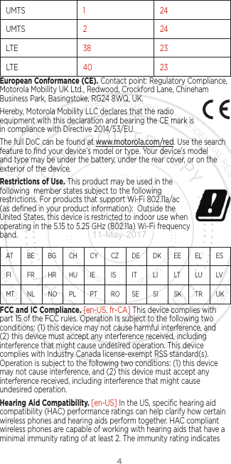 4UMTS 124UMTS 224LTE 38 23LTE 40 23European Conformance (CE). Contact point: Regulatory Compliance, Motorola Mobility UK Ltd., Redwood, Crockford Lane, Chineham Business Park, Basingstoke, RG24 8WQ, UK.Hereby, Motorola Mobility LLC declares that the radio equipment with this declaration and bearing the CE mark is in compliance with Directive 2014/53/EU. The full DoC can be found at www.motorola.com/red. Use the search feature to ﬁnd your device’s model or type. Your device’s model and type may be under the battery, under the rear cover, or on the exterior of the device. Restrictions of Use. This product may be used in the  following  member states subject to the following  restrictions. For products that support Wi-Fi 802.11a/ac (as deﬁned in your product information):  Outside the United States, this device is restricted to indoor use when operating in the 5.15 to 5.25 GHz (802.11a) Wi-Fi frequency band.AT    BE  BG  CH   CY  CZ   DE  DK  EE  EL   ES  FI     FR  HR  HU  IE     IS     IT    LI    LT   LU  LV   MT  NL  NO  PL    PT  RO  SE   SI     SK  TR  UK FCC and IC Compliance. [en-US, fr-CA] This device complies with part 15 of the FCC rules. Operation is subject to the following two conditions: (1) this device may not cause harmful interference, and (2) this device must accept any interference received, including interference that might cause undesired operation. This device complies with Industry Canada license-exempt RSS standard(s). Operation is subject to the following two conditions: (1) this device may not cause interference, and (2) this device must accept any interference received, including interference that might cause undesired operation.Hearing Aid Compatibility. [en-US] In the US, speciﬁc hearing aid compatibility (HAC) performance ratings can help clarify how certain wireless phones and hearing aids perform together. HAC compliant wireless phones are capable of working with hearing aids that have a minimal immunity rating of at least 2. The immunity rating indicates FCC 11-May-2017