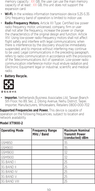 10memory capacity : XX GB, the user can use the main memory capacity of at least : XX GB, this unit does not support the expansion card.• Wi-Fi. In the wireless information transmission device 5.25-5.35 GHz frequency band of operation is limited to indoor use.• Radio Frequency Motors. Article XII Type: Certiﬁed low power radio frequency motor, unlicensed, company, ﬁrm or user shall not alter the frequency, increase the power or change the characteristics of the original design and function. Article XIV: Using low-power radio-frequency motors shall not aect ﬂight safety and interfere with legal communications; when there is interference by the discovery should be immediately suspended, and to improve without interfering may continue to be used. Legal communications in the preceding paragraph, refers to radio communication in accordance with the provisions of the Telecommunications Act of operation. Low-power radio communication interference motor must endure radiation and Electronic Equipment legal or industrial, scientiﬁc and medical radio.• Battery Recycle.    • Importer. Netherlands Business Associates Ltd. Taiwan Branch 5th Floor, No 89, Sec. 2, Dibing Avenue, Neihu District, Taipei. Importer, Manufacturers, Wholesalers, Retailers 0800-000-702Supported Frequencies and Power. This device is capable of operation on the following frequencies, subject to location and network availability. Model XT1900-2Operating Mode Frequency Range MHz / Band Maximum Nominal Transmit Power (conducted) dBmGSM850 35GSM900 35GSM1800 32GSM1900 323G BAND I 253G BAND II 253G BAND IV 253G BAND V 253G BAND VIII 25