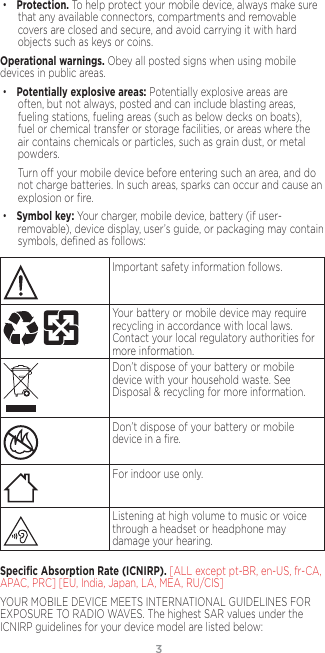 3• Protection. To help protect your mobile device, always make sure that any available connectors, compartments and removable covers are closed and secure, and avoid carrying it with hard objects such as keys or coins.Operational warnings. Obey all posted signs when using mobile devices in public areas. • Potentially explosive areas: Potentially explosive areas are often, but not always, posted and can include blasting areas, fueling stations, fueling areas (such as below decks on boats), fuel or chemical transfer or storage facilities, or areas where the air contains chemicals or particles, such as grain dust, or metal powders.Turn o your mobile device before entering such an area, and do not charge batteries. In such areas, sparks can occur and cause an explosion or ﬁre.• Symbol key: Your charger, mobile device, battery (if user-removable), device display, user’s guide, or packaging may contain symbols, deﬁned as follows:032374oImportant safety information follows.032375o   Your battery or mobile device may require recycling in accordance with local laws. Contact your local regulatory authorities for more information.Don’t dispose of your battery or mobile device with your household waste. See Disposal &amp; recycling for more information.032376oDon’t dispose of your battery or mobile device in a ﬁre.For indoor use only.Listening at high volume to music or voice through a headset or headphone may damage your hearing.Speciﬁc Absorption Rate (ICNIRP). [ALL except pt-BR, en-US, fr-CA, APAC, PRC] [EU, India, Japan, LA, MEA, RU/CIS]YOUR MOBILE DEVICE MEETS INTERNATIONAL GUIDELINES FOR EXPOSURE TO RADIO WAVES. The highest SAR values under the ICNIRP guidelines for your device model are listed below: