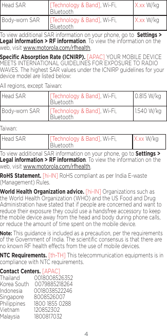 4Head SAR [Technology &amp; Band], Wi-Fi, Bluetooth X.xx W/kgBody-worn SAR [Technology &amp; Band], Wi-Fi, Bluetooth X.xx W/kgTo view additional SAR information on your phone, go to  Settings &gt; Legal information &gt; RF information. To view the information on the web, visit www.motorola.com/rfhealth.Speciﬁc Absorption Rate (ICNIRP). [APAC] YOUR MOBILE DEVICE MEETS INTERNATIONAL GUIDELINES FOR EXPOSURE TO RADIO WAVES. The highest SAR values under the ICNIRP guidelines for your device model are listed below:All regions, except Taiwan:Head SAR [Technology &amp; Band], Wi-Fi, Bluetooth 0.815 W/kgBody-worn SAR [Technology &amp; Band], Wi-Fi, Bluetooth 1.540 W/kgTaiwan:Head SAR [Technology &amp; Band], Wi-Fi, Bluetooth X.xx W/kgTo view additional SAR information on your phone, go to Settings &gt; Legal information &gt; RF information. To view the information on the web, visit www.motorola.com/rfhealth.RoHS Statement. [hi-IN] RoHS compliant as per India E-waste (Management) Rules.World Health Organization advice. [hi-IN] Organizations such as the World Health Organization (WHO) and the US Food and Drug Administration have stated that if people are concerned and want to reduce their exposure they could use a handsfree accessory to keep the mobile device away from the head and body during phone calls, or reduce the amount of time spent on the mobile device.Note: This guidance is included as a precaution, per the requirements of the Government of India. The scientiﬁc consensus is that there are no known RF health eects from the use of mobile devices.NTC Requirements. [th-TH] This telecommunication equipments is in compliance with NTC requirements.Contact Centers. [APAC] Thailand          0018008526352      Korea South    0079885218264       Indonesia        0018038522246 Singapore       8008526007     Philippines      1800 1855 0288 Vietnam          120852302       Malaysia          1800817032