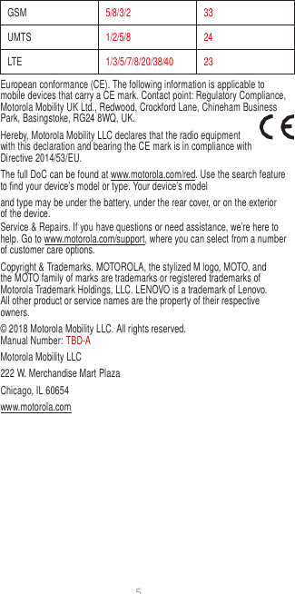 5   GSM 5/8/3/2 33 UMTS 1/2/5/8 24 LTE 1/3/5/7/8/20/38/40 23 European conformance (CE). The following information is applicable to mobile devices that carry a CE mark. Contact point: Regulatory Compliance, Motorola Mobility UK Ltd., Redwood, Crockford Lane, Chineham Business Park, Basingstoke, RG24 8WQ, UK. Hereby, Motorola Mobility LLC declares that the radio equipment with this declaration and bearing the CE mark is in compliance with Directive 2014/53/EU. The full DoC can be found at www.motorola.com/red. Use the search feature to find your device’s model or type. Your device’s model and type may be under the battery, under the rear cover, or on the exterior of the device. Service &amp; Repairs. If you have questions or need assistance, we’re here to help. Go to www.motorola.com/support, where you can select from a number of customer care options. Copyright &amp; Trademarks. MOTOROLA, the stylized M logo, MOTO, and the MOTO family of marks are trademarks or registered trademarks of Motorola Trademark Holdings, LLC. LENOVO is a trademark of Lenovo. All other product or service names are the property of their respective owners. © 2018 Motorola Mobility LLC. All rights reserved. Manual Number: TBD-A Motorola Mobility LLC 222 W. Merchandise Mart Plaza Chicago, IL 60654 www.motorola.com 