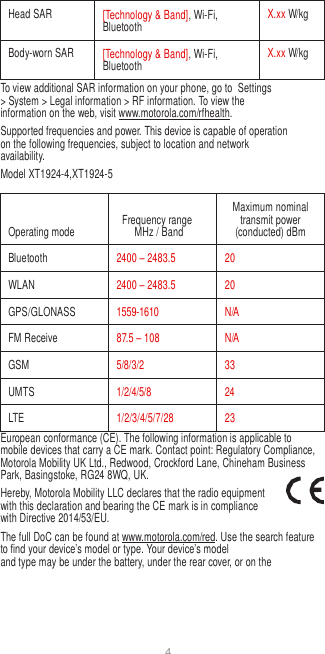 4   Head SAR [Technology &amp; Band], Wi-Fi, Bluetooth X.xx W/kg Body-worn SAR [Technology &amp; Band], Wi-Fi, Bluetooth X.xx W/kg To view additional SAR information on your phone, go to  Settings &gt; System &gt; Legal information &gt; RF information. To view the information on the web, visit www.motorola.com/rfhealth. Supported frequencies and power. This device is capable of operation on the following frequencies, subject to location and network availability. Model XT1924-4,XT1924-5   Operating mode  Frequency range MHz / Band Maximum nominal transmit power (conducted) dBm Bluetooth 2400 – 2483.5 20 WLAN 2400 – 2483.5 20 GPS/GLONASS 1559-1610 N/A FM Receive 87.5 – 108 N/A GSM 5/8/3/2 33 UMTS 1/2/4/5/8 24 LTE 1/2/3/4/5/7/28 23 European conformance (CE). The following information is applicable to mobile devices that carry a CE mark. Contact point: Regulatory Compliance, Motorola Mobility UK Ltd., Redwood, Crockford Lane, Chineham Business Park, Basingstoke, RG24 8WQ, UK. Hereby, Motorola Mobility LLC declares that the radio equipment with this declaration and bearing the CE mark is in compliance with Directive 2014/53/EU. The full DoC can be found at www.motorola.com/red. Use the search feature to find your device’s model or type. Your device’s model and type may be under the battery, under the rear cover, or on the 