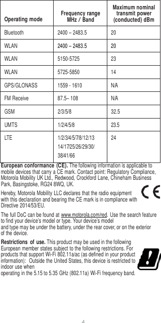 4    Operating mode  Frequency range MHz / Band Maximum nominal transmit power (conducted) dBm Bluetooth 2400 – 2483.5 20 WLAN 2400 – 2483.5 20 WLAN 5150-5725 23 WLAN 5725-5850 14 GPS/GLONASS 1559 - 1610 N/A FM Receive 87.5– 108 N/A GSM 2/3/5/8 32.5 UMTS 1/2/4/5/8 23.5 LTE 1/2/3/4/5/7/8/12/13 14/17/25/26/29/30/ 38/41/66 24 European conformance (CE). The following information is applicable to mobile devices that carry a CE mark. Contact point: Regulatory Compliance, Motorola Mobility UK Ltd., Redwood, Crockford Lane, Chineham Business Park, Basingstoke, RG24 8WQ, UK. Hereby, Motorola Mobility LLC declares that the radio equipment with this declaration and bearing the CE mark is in compliance with Directive 2014/53/EU. The full DoC can be found at www.motorola.com/red. Use the search feature to find your device’s model or type. Your device’s model and type may be under the battery, under the rear cover, or on the exterior of the device. Restrictions  of use. This product may be used in the following  European member states subject to the following restrictions. For products that support Wi-Fi 802.11a/ac (as defined in your product information):  Outside the United States, this device is restricted to indoor use when operating in the 5.15 to 5.35 GHz (802.11a) Wi-Fi frequency band. 