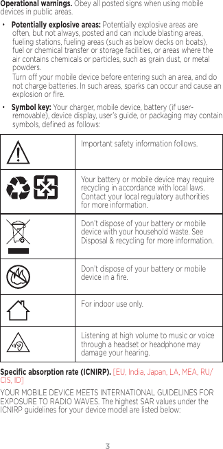 3Operational warnings. Obey all posted signs when using mobile devices in public areas. • Potentially explosive areas: Potentially explosive areas are often, but not always, posted and can include blasting areas, fueling stations, fueling areas (such as below decks on boats), fuel or chemical transfer or storage facilities, or areas where the air contains chemicals or particles, such as grain dust, or metal powders.Turn o your mobile device before entering such an area, and do not charge batteries. In such areas, sparks can occur and cause an explosion or ﬁre.• Symbol key: Your charger, mobile device, battery (if user-removable), device display, user’s guide, or packaging may contain symbols, deﬁned as follows:032374oImportant safety information follows.032375o  Your battery or mobile device may require recycling in accordance with local laws. Contact your local regulatory authorities for more information.Don’t dispose of your battery or mobile device with your household waste. See Disposal &amp; recycling for more information.032376oDon’t dispose of your battery or mobile device in a ﬁre.For indoor use only.Listening at high volume to music or voice through a headset or headphone may damage your hearing.Speciﬁc absorption rate (ICNIRP). [EU, India, Japan, LA, MEA, RU/CIS, ID]YOUR MOBILE DEVICE MEETS INTERNATIONAL GUIDELINES FOR EXPOSURE TO RADIO WAVES. The highest SAR values under the ICNIRP guidelines for your device model are listed below: