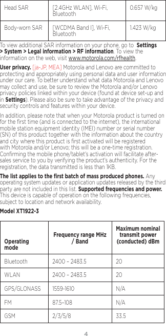 4Head SAR [2.4GHz WLAN], Wi-Fi, Bluetooth 0.657 W/kgBody-worn SAR [WCDMA Band I], Wi-Fi, Bluetooth 1.423 W/kgTo view additional SAR information on your phone, go to  Settings &gt; System &gt; Legal information &gt; RF information. To view the information on the web, visit www.motorola.com/rfhealth.User privacy. [ja-JP, MEA] Motorola and Lenovo are committed to protecting and appropriately using personal data and user information under our care. To better understand what data Motorola and Lenovo may collect and use, be sure to review the Motorola and/or Lenovo privacy policies linked within your device (found at device set-up and in Settings). Please also be sure to take advantage of the privacy and security controls and features within your device.In addition, please note that when your Motorola product is turned on for the ﬁrst time (and is connected to the internet), the international mobile station equipment identity (IMEI) number or serial number (SN) of this product together with the information about the country and city where this product is ﬁrst activated will be registered with Motorola and/or Lenovo; this will be a one-time registration. Conﬁrming the mobile phone/tablet’s activation will facilitate after-sales service to you by verifying the product’s authenticity. For the registration, the data transmitted is less than 1KB.The list applies to the ﬁrst batch of mass produced phones. Any operating system updates or application updates released by the third party are not included in this list. Supported frequencies and power. This device is capable of operation on the following frequencies, subject to location and network availability. Model XT1922-3  Operating mode Frequency range MHz / BandMaximum nominal transmit power (conducted) dBmBluetooth 2400 – 2483.5 20WLAN 2400 – 2483.5 20GPS/GLONASS 1559-1610 N/AFM  87.5–108 N/AGSM 2/3/5/8 33.5