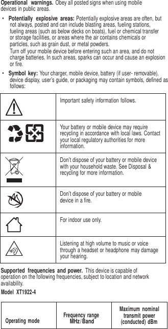 3   Operational  warnings. Obey all posted signs when using mobile devices in public areas. • Potentially  explosive  areas: Potentially explosive areas are often, but not always, posted and can include blasting areas, fueling stations, fueling areas (such as below decks on boats), fuel or chemical transfer or storage facilities, or areas where the air contains chemicals or particles, such as grain dust, or metal powders. Turn off your mobile device before entering such an area, and do not charge batteries. In such areas, sparks can occur and cause an explosion or fire. • Symbol  key: Your charger, mobile device, battery (if user- removable), device display, user’s guide, or packaging may contain symbols, defined as follows:   Important safety information follows.  Your battery or mobile device may require recycling in accordance with local laws. Contact your local regulatory authorities for more information.  Don’t dispose of your battery or mobile device with your household waste. See Disposal &amp; recycling for more information.  Don’t dispose of your battery or mobile device in a fire.  For indoor use only.  Listening at high volume to music or voice through a headset or headphone may damage your hearing. Supported  frequencies  and power. This device is capable of operation on the following frequencies, subject to location and network availability. Model  XT1922-4    Operating  mode  Frequency range MHz / Band Maximum  nominal transmit  power (conducted)  dBm 