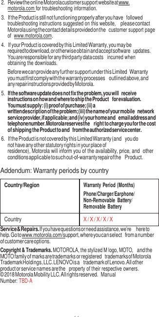11  2. Review the online Motorola customer support website at www.  motorola.com for troubleshooting information. 3. If the Product is still not functioning properly after you have  followed troubleshooting instructions suggested on this website, please contact Motorola using the contact details provided on the  customer support page of  www.motorola.com. 4. If your Product is covered by this Limited Warranty, you may be required to download, or otherwise obtain and accept software updates. You are responsible for any third party data costs  incurred when obtaining the downloads. Before we can provide any further support under this Limited Warranty you must first comply with the warranty processes outlined above, and any repair instructions provided by Motorola. 5. If the software update does not fix the problem, you will receive instructions on how and where to ship the Product for evaluation. You must supply: (i) proof of purchase; (ii) a written description of the problem; (iii) the name of your mobile network service provider, if applicable; and (iv) your home and email address and telephone number. Motorola reserves the right to charge you for the cost of shipping the Product to and from the authorized service center. 6. If the Product is not covered by this Limited Warranty (and you do not have any other statutory rights in your place of residence), Motorola will inform you of the availability, price, and other conditions applicable to such out-of-warranty repair of the Product.  Addendum: Warranty periods by country  Country/Region Warranty Period (Months) Phone/Charger/Earphone/ Non-Removable  Battery/ Removable  Battery Country X / X / X / X / X Service &amp; Repairs. If you have questions or need assistance, we’re here to help. Go to www.motorola.com/support, where you can select from a number of customer care options. Copyright &amp; Trademarks. MOTOROLA, the stylized M logo, MOTO, and the MOTO family of marks are trademarks or registered trademarks of Motorola Trademark Holdings, LLC. LENOVO is a trademark of Lenovo. All other product or service names are the  property of their respective owners. © 2018 Motorola Mobility LLC. All rights reserved.  Manual Number: TBD-A 