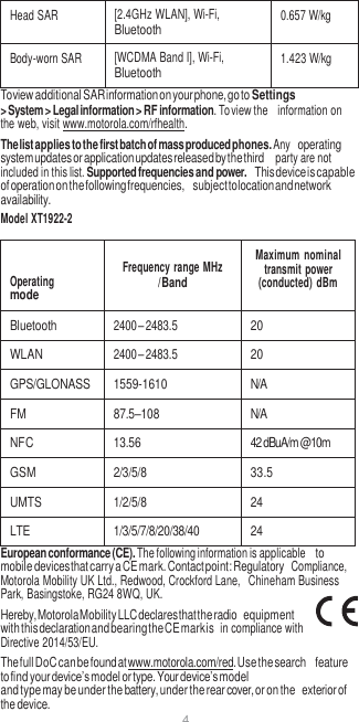 4   Head SAR [2.4GHz WLAN], Wi-Fi, Bluetooth 0.657 W/kg Body-worn SAR [WCDMA Band I], Wi-Fi, Bluetooth 1.423 W/kg To view additional SAR information on your phone, go to Settings &gt; System &gt; Legal information &gt; RF information. To view the  information on the web, visit www.motorola.com/rfhealth. The list applies to the first batch of mass produced phones. Any operating system updates or application updates released by the third  party are not included in this list. Supported frequencies and power. This device is capable of operation on the following frequencies, subject to location and network availability. Model XT1922-2    Operating mode  Frequency range MHz / Band Maximum  nominal transmit  power (conducted)  dBm Bluetooth 2400 – 2483.5 20 WLAN 2400 – 2483.5 20 GPS/GLONASS 1559-1610 N/A FM 87.5–108 N/A NFC 13.56 42 dBuA/m @10m GSM 2/3/5/8 33.5 UMTS 1/2/5/8 24 LTE 1/3/5/7/8/20/38/40 24 European conformance (CE). The following information is applicable to mobile devices that carry a CE mark. Contact point: Regulatory  Compliance, Motorola Mobility UK Ltd., Redwood, Crockford Lane,  Chineham Business Park, Basingstoke, RG24 8WQ, UK. Hereby, Motorola Mobility LLC declares that the radio equipment with this declaration and bearing the CE mark is  in compliance with Directive 2014/53/EU. The full DoC can be found at www.motorola.com/red. Use the search feature to find your device’s model or type. Your device’s model and type may be under the battery, under the rear cover, or on the exterior of the device. 