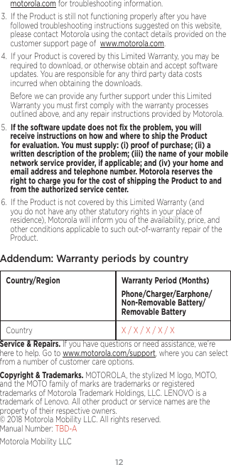 12motorola.com for troubleshooting information.3.  If the Product is still not functioning properly after you have followed troubleshooting instructions suggested on this website, please contact Motorola using the contact details provided on the customer support page of  www.motorola.com. 4.  If your Product is covered by this Limited Warranty, you may be required to download, or otherwise obtain and accept software updates. You are responsible for any third party data costs incurred when obtaining the downloads.Before we can provide any further support under this Limited Warranty you must ﬁrst comply with the warranty processes outlined above, and any repair instructions provided by Motorola.5.  If the software update does not ﬁx the problem, you will receive instructions on how and where to ship the Product for evaluation. You must supply: (i) proof of purchase; (ii) a written description of the problem; (iii) the name of your mobile network service provider, if applicable; and (iv) your home and email address and telephone number. Motorola reserves the right to charge you for the cost of shipping the Product to and from the authorized service center.6.  If the Product is not covered by this Limited Warranty (and you do not have any other statutory rights in your place of residence), Motorola will inform you of the availability, price, and other conditions applicable to such out-of-warranty repair of the Product.Addendum: Warranty periods by countryCountry/Region Warranty Period (Months)Phone/Charger/Earphone/Non-Removable Battery/Removable BatteryCountry X / X / X / X / XService &amp; Repairs. If you have questions or need assistance, we’re here to help. Go to www.motorola.com/support, where you can select from a number of customer care options. Copyright &amp; Trademarks. MOTOROLA, the stylized M logo, MOTO, and the MOTO family of marks are trademarks or registered trademarks of Motorola Trademark Holdings, LLC. LENOVO is a trademark of Lenovo. All other product or service names are the property of their respective owners.  © 2018 Motorola Mobility LLC. All rights reserved.  Manual Number: TBD-AMotorola Mobility LLC 