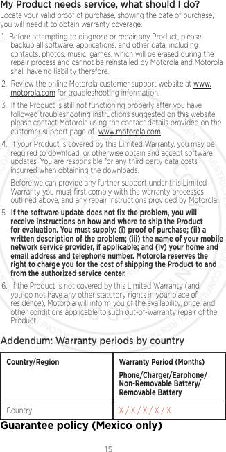 15My Product needs service, what should I do? Locate your valid proof of purchase, showing the date of purchase, you will need it to obtain warranty coverage. 1.  Before attempting to diagnose or repair any Product, please backup all software, applications, and other data, including contacts, photos, music, games, which will be erased during the repair process and cannot be reinstalled by Motorola and Motorola shall have no liability therefore.2.  Review the online Motorola customer support website at www.motorola.com for troubleshooting information.3.  If the Product is still not functioning properly after you have followed troubleshooting instructions suggested on this website, please contact Motorola using the contact details provided on the customer support page of  www.motorola.com. 4.  If your Product is covered by this Limited Warranty, you may be required to download, or otherwise obtain and accept software updates. You are responsible for any third party data costs incurred when obtaining the downloads.Before we can provide any further support under this Limited Warranty you must ﬁrst comply with the warranty processes outlined above, and any repair instructions provided by Motorola.5.  If the software update does not ﬁx the problem, you will receive instructions on how and where to ship the Product for evaluation. You must supply: (i) proof of purchase; (ii) a written description of the problem; (iii) the name of your mobile network service provider, if applicable; and (iv) your home and email address and telephone number. Motorola reserves the right to charge you for the cost of shipping the Product to and from the authorized service center.6.  If the Product is not covered by this Limited Warranty (and you do not have any other statutory rights in your place of residence), Motorola will inform you of the availability, price, and other conditions applicable to such out-of-warranty repair of the Product.Addendum: Warranty periods by countryCountry/Region Warranty Period (Months)Phone/Charger/Earphone/Non-Removable Battery/Removable BatteryCountry X / X / X / X / XGuarantee policy (Mexico only)