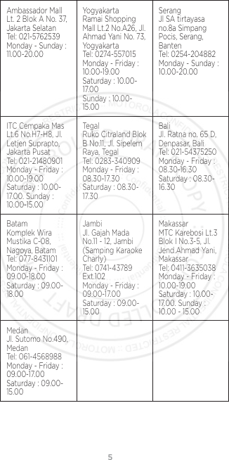 5Ambassador Mall Lt. 2 Blok A No. 37, Jakarta Selatan Tel: 021-5762539 Monday - Sunday : 11.00-20.00Yogyakarta Ramai Shopping Mall Lt.2 No.A26, Jl. Ahmad Yani No. 73, Yogyakarta Tel: 0274-557015 Monday - Friday : 10.00-19.00 Saturday : 10.00-17.00 Sunday : 10.00-15.00Serang Jl SA tirtayasa no.8a Simpang Pocis, Serang, Banten Tel: 0254-204882 Monday - Sunday : 10.00-20.00ITC Cempaka Mas Lt.6 No.H7-H8, Jl. Letjen Suprapto, Jakarta Pusat Tel: 021-21480901 Monday - Friday :  10.00-19.00 Saturday : 10.00-17.00. Sunday : 10.00-15.00Tegal Ruko Citraland Blok B No.11, Jl. Sipelem Raya, Tegal Tel: 0283-340909 Monday - Friday : 08.30-17.30 Saturday : 08.30-17.30Bali Jl. Ratna no. 65 D, Denpasar, Bali Tel: 021-54375250 Monday - Friday : 08.30-16.30 Saturday : 08.30-16.30Batam Komplek Wira Mustika C-08, Nagoya, Batam Tel: 077-8431101 Monday - Friday : 09.00-18.00 Saturday : 09.00-18.00Jambi Jl. Gajah Mada No.11 - 12, Jambi (Samping Karaoke Charly) Tel: 0741-43789 Ext.102 Monday - Friday : 09.00-17.00 Saturday : 09.00- 15.00Makassar MTC Karebosi Lt.3 Blok I No.3-5, Jl. Jend.Ahmad Yani, Makassar Tel: 0411-3635038 Monday - Friday : 10.00-19.00 Saturday : 10.00-17.00. Sunday : 10.00 - 15.00Medan Jl. Sutomo No.490, Medan Tel: 061-4568988 Monday - Friday : 09.00-17.00 Saturday : 09.00-15.00