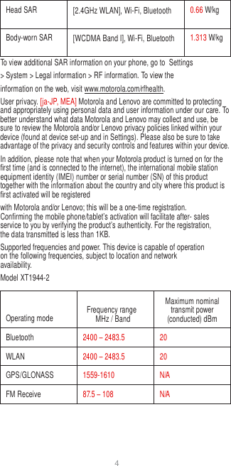 4   Head SAR [2.4GHz WLAN], Wi-Fi, Bluetooth 0.66 W/kg Body-worn SAR [WCDMA Band I], Wi-Fi, Bluetooth 1.313 W/kg To view additional SAR information on your phone, go to  Settings &gt; System &gt; Legal information &gt; RF information. To view the information on the web, visit www.motorola.com/rfhealth. User privacy. [ja-JP, MEA] Motorola and Lenovo are committed to protecting and appropriately using personal data and user information under our care. To better understand what data Motorola and Lenovo may collect and use, be sure to review the Motorola and/or Lenovo privacy policies linked within your device (found at device set-up and in Settings). Please also be sure to take advantage of the privacy and security controls and features within your device. In addition, please note that when your Motorola product is turned on for the first time (and is connected to the internet), the international mobile station equipment identity (IMEI) number or serial number (SN) of this product together with the information about the country and city where this product is first activated will be registered with Motorola and/or Lenovo; this will be a one-time registration. Confirming the mobile phone/tablet’s activation will facilitate after- sales service to you by verifying the product’s authenticity. For the registration, the data transmitted is less than 1KB. Supported frequencies and power. This device is capable of operation on the following frequencies, subject to location and network availability. Model XT1944-2   Operating mode  Frequency range MHz / Band Maximum nominal transmit power (conducted) dBm Bluetooth 2400 – 2483.5 20 WLAN 2400 – 2483.5 20 GPS/GLONASS 1559-1610 N/A FM Receive 87.5 – 108 N/A 