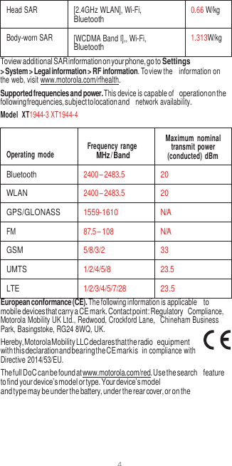 4   Head SAR [2.4GHz WLAN], Wi-Fi, Bluetooth 0.66 W/kg Body-worn SAR [WCDMA Band I],, Wi-Fi, Bluetooth 1.313W/kg To view additional SAR information on your phone, go to Settings &gt; System &gt; Legal information &gt; RF information. To view the  information on the web, visit www.motorola.com/rfhealth. Supported frequencies and power. This device is capable of operation on the following frequencies, subject to location and  network availability. Model  XT1944-3 XT1944-4    Operating  mode  Frequency range MHz / Band Maximum  nominal transmit  power (conducted)  dBm Bluetooth 2400 – 2483.5 20 WLAN 2400 – 2483.5 20 GPS/GLONASS 1559-1610 N/A FM  87.5 – 108 N/A GSM 5/8/3/2 33 UMTS 1/2/4/5/8 23.5 LTE 1/2/3/4/5/7/28 23.5 European conformance (CE). The following information is applicable to mobile devices that carry a CE mark. Contact point: Regulatory  Compliance, Motorola Mobility UK Ltd., Redwood, Crockford Lane,  Chineham Business Park, Basingstoke, RG24 8WQ, UK. Hereby, Motorola Mobility LLC declares that the radio equipment with this declaration and bearing the CE mark is  in compliance with Directive 2014/53/EU. The full DoC can be found at www.motorola.com/red. Use the search feature to find your device’s model or type. Your device’s model and type may be under the battery, under the rear cover, or on the 