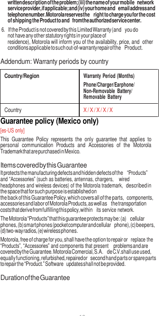 10  written description of the problem; (iii) the name of your mobile network service provider, if applicable; and (iv) your home and email address and telephone number. Motorola reserves the right to charge you for the cost of shipping the Product to and from the authorized service center. 6. If the Product is not covered by this Limited Warranty (and you do not have any other statutory rights in your place of residence), Motorola will inform you of the availability, price, and other conditions applicable to such out-of-warranty repair of the Product.  Addendum: Warranty periods by country  Country/Region Warranty Period (Months) Phone/Charger/Earphone/ Non-Removable  Battery/ Removable  Battery Country X / X / X / X / X Guarantee policy (Mexico only) [es-US only] This  Guarantee  Policy  represents  the  only  guarantee  that  applies  to personal  communication  Products  and  Accessories  of  the  Motorola Trademark that are purchased in Mexico.  Items covered by this Guarantee It protects the manufacturing defects and hidden defects of the “Products” and “Accessories” (such as batteries, antennas, chargers,  wired headphones and wireless devices) of the Motorola trademark, described in the space that for such purpose is established on the back of this Guarantee Policy, which covers all of the parts, components, accessories and labor of Motorola Products, as well as the transportation costs that derive from fulfilling this policy, within  its service network. The Motorola “Products” that this guarantee protects may be: (a) cellular phones, (b) smart phones (pocket computer and cellular phone), (c) beepers, (d) two-way radios, (e) wireless phones. Motorola, free of charge for you, shall have the option to repair or  replace the “Products”, “Accessories” and components that present problems and are covered by the Guarantee. Motorola Comercial, S.A. de C.V. shall use used, equally functioning, refurbished, repaired or second hand parts or spare parts to repair the “Product.” Software updates shall not be provided.  Duration of the Guarantee 