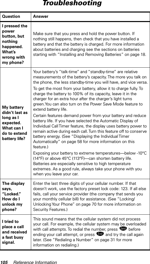 105 Reference InformationTroubleshootingQuestion AnswerI pressed the power button, but nothing happened. What’s wrong with my phone?Make sure that you press and hold the power button. If nothing still happens, then check that you have installed a battery and that the battery is charged. For more information about batteries and charging see the sections on batteries starting with “Installing and Removing Batteries” on page 18.My battery didn’t last as long as I expected. What can I do to extend battery life?Your battery’s “talk-time” and “standby-time” are relative measurements of the battery’s capacity. The more you talk on the phone, the less standby-time you will have, and vice versa.To get the most from your battery, allow it to charge fully. To charge the battery to 100% of its capacity, leave it in the charger for an extra hour after the charger’s light turns green.You can also turn on the Power Save Mode feature to extend battery life.Certain features demand power from your battery and reduce battery life. If you have selected the Automatic Display of Individual Call Timer feature, the display uses battery power to remain active during each call. Turn this feature off to conserve battery energy. (See “Displaying the Individual Timer Automatically” on page 58 for more information on this feature.)Exposing your battery to extreme temperatures—below -10°C (14°F) or above 45°C (113°F)—can shorten battery life. Batteries are especially sensitive to high temperature extremes. As a good rule, always take your phone with you when you leave your car.The display says, “Locked.” How do I unlock my phone?Enter the last three digits of your cellular number. If that doesn’t work, use the factory preset lock code: 123. If all else fails, call your service provider (the company that sends you your monthly cellular bill) for assistance. (See “Locking/Unlocking Your Phone” on page 70 for more information on Security Features.)I tried to place a call and received a fast busy signal.This sound means that the cellular system did not process your call. For example, the cellular system may be overloaded with call attempts. To redial the number, press æ before ending your call attempt, or press º and try the call again later. (See “Redialing a Number” on page 31 for more information on redialing.)