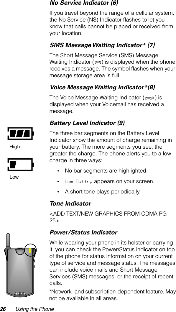 26 Using the PhoneNo Service Indicator (6)If you travel beyond the range of a cellular system, the No Service (NS) Indicator ﬂashes to let you know that calls cannot be placed or received from your location.SMS Message Waiting Indicator* (7)The Short Message Service (SMS) Message Waiting Indicator ( ) is displayed when the phone receives a message. The symbol ﬂashes when your message storage area is full.Voice Message Waiting Indicator*(8)The Voice Message Waiting Indicator ( ) is displayed when your Voicemail has received a message.Battery Level Indicator (9)The three bar segments on the Battery Level Indicator show the amount of charge remaining in your battery. The more segments you see, the greater the charge. The phone alerts you to a low charge in three ways:•No bar segments are highlighted.•Low Battry appears on your screen.•A short tone plays periodically.Tone Indicator&lt;ADD TEXT/NEW GRAPHICS FROM CDMA PG 25&gt;Power/Status IndicatorWhile wearing your phone in its holster or carrying it, you can check the Power/Status indicator on top of the phone for status information on your current type of service and message status. The messages can include voice mails and Short Message Services (SMS) messages, or the receipt of recent calls. HighLow*Network- and subscription-dependent feature. May not be available in all areas.