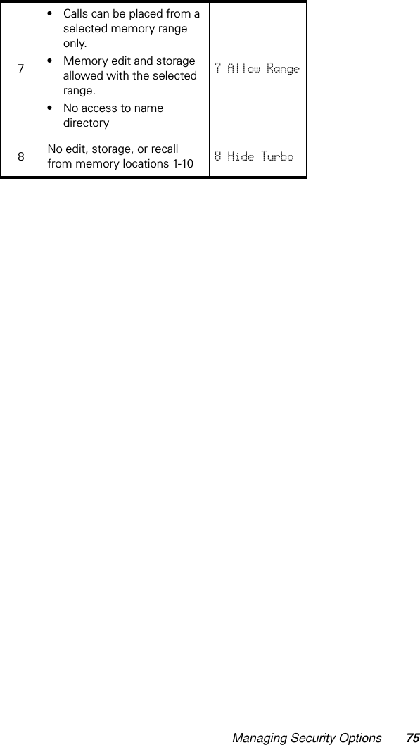 Managing Security Options 757•Calls can be placed from a selected memory range only.•Memory edit and storage allowed with the selected range.•No access to name directory7 Allow Range8No edit, storage, or recall from memory locations 1-10 8 Hide Turbo