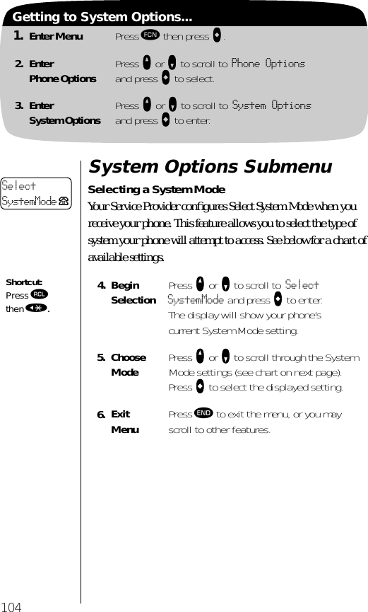 104Getting to System Options...1. Enter Menu Press ƒ then press aaaa.2. EnterPhone Options Press qqqq or ZZZZ to scroll to Phone Optionsand press aaaa to select.3. EnterSystem Options Press qqqq or ZZZZ to scroll to System Optionsand press aaaa to enter.System Options SubmenuSelecting a System ModeYour Service Provider conﬁgures Select System Mode when you receive your phone. This feature allows you to select the type of system your phone will attempt to access. See below for a chart of available settings.4. BeginSelection Press qqqq or ZZZZ to scroll to Select SystemMode and press aaaa to enter. The display will show your phone’s current System Mode setting.5. Choose Mode Press qqqq or ZZZZ to scroll through the System Mode settings (see chart on next page). Press aaaa to select the displayed setting.6. ExitMenu Press º to exit the menu, or you may scroll to other features.SelectSystemMode PShortcut:Press ‰ then «.