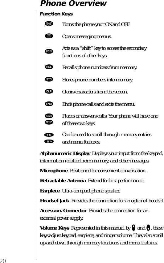  20 Phone Overview Function Keys Alphanumeric Display    Displays your input from the keypad, information recalled from memory, and other messages. Microphone    Positioned for convenient conversation. Retractable Antenna    Extend for best performance.Earpiece  Ultra-compact phone speaker.Headset Jack  Provides the connection for an optional headset.Accessory Connector  Provides the connection for an external power supply.Volume Keys  Represented in this manual by qqqq and ZZZZ, these keys adjust keypad, earpiece, and ringer volume. They also scroll up and down through memory locations and menu features.¡Turns the phone your ON and OFF.øOpens messaging menus.ƒActs as a “shift” key to access the secondary functions of other keys.‰Recalls phone numbers from memory.¬Stores phone numbers into memory.ÇClears characters from the screen.ºEnds phone calls and exits the menu.ªæPlaces or answers calls. Your phone will have one of these two keys.«»Can be used to scroll through memory entriesand menu features.