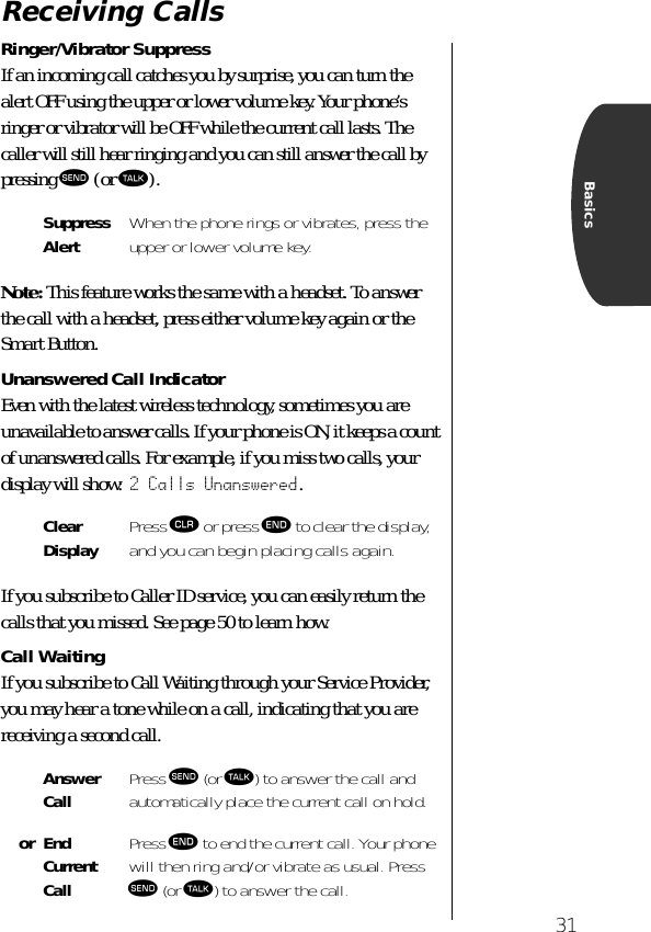 31BasicsReceiving CallsRinger/Vibrator SuppressIf an incoming call catches you by surprise, you can turn the alert OFF using the upper or lower volume key. Your phone’s ringer or vibrator will be OFF while the current call lasts. The caller will still hear ringing and you can still answer the call by pressing æ (or ª). Note: This feature works the same with a headset. To answer the call with a headset, press either volume key again or the Smart Button.Unanswered Call IndicatorEven with the latest wireless technology, sometimes you are unavailable to answer calls. If your phone is ON, it keeps a count of unanswered calls. For example, if you miss two calls, your display will show: 2 Calls Unanswered.If you subscribe to Caller ID service, you can easily return the calls that you missed. See page 50 to learn how.Call WaitingIf you subscribe to Call Waiting through your Service Provider, you may hear a tone while on a call, indicating that you are receiving a second call.Suppress Alert When the phone rings or vibrates, press the upper or lower volume key.Clear Display Press Ç or press º to clear the display, and you can begin placing calls again.Answer Call  Press æ (or ª) to answer the call and automatically place the current call on hold.or End Current CallPress º to end the current call. Your phone will then ring and/or vibrate as usual. Press æ (or ª) to answer the call.