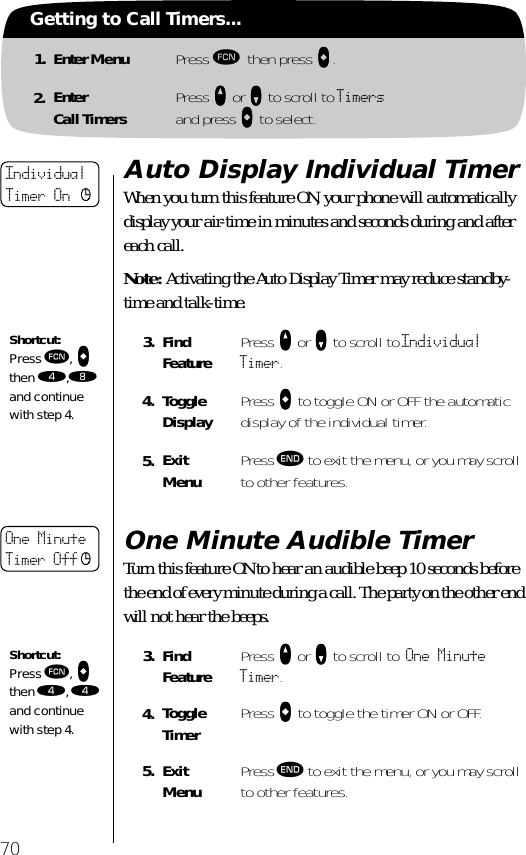 70Getting to Call Timers...1. Enter Menu Press ƒ then press aaaa.2. EnterCall Timers Press qqqq or ZZZZ to scroll to Timersand press AAAA to select.Auto Display Individual TimerWhen you turn this feature ON, your phone will automatically display your air-time in minutes and seconds during and after each call.Note: Activating the Auto Display Timer may reduce standby-time and talk-time.One Minute Audible TimerTurn this feature ON to hear an audible beep 10 seconds before the end of every minute during a call. The party on the other end will not hear the beeps.3. Find Feature Press qqqq or ZZZZ to scroll to Individual Timer.4. ToggleDisplay Press aaaa to toggle ON or OFF the automatic display of the individual timer.5. ExitMenu Press º to exit the menu, or you may scroll to other features.3. Find Feature Press qqqq or ZZZZ to scroll to One Minute Timer.4. ToggleTimer Press aaaa to toggle the timer ON or OFF.5. ExitMenu Press º to exit the menu, or you may scroll to other features.IndividualTimer On cShortcut:Press ƒ, aaaa then ›,† and continue with step 4.One MinuteTimer Off cShortcut:Press ƒ, aaaa then ›, › and continue with step 4.